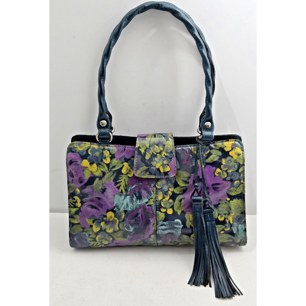 Patricia Nash Rienzo Deep Blue Nature Leather Satchel Floral Painting EUC